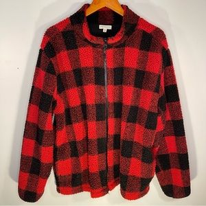 Earthbound red black plaid full zip fleece jacket XL
